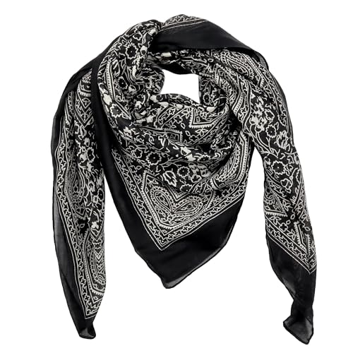 Freak Scene Echarpe en coton motif indien 1 noir blanc fleurs blanches tissu carré