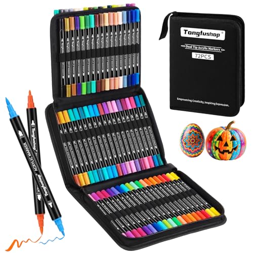 Tongfushop 72 Colores Rotuladores Acrilicos, Marcadores Acrilicos Doble Punta, Rotuladores de Pintura Acrílica para Adultos, Acrylic Markers para Pintar, Roca, Cristal, Cerámica, Plastico, Tela, Metal