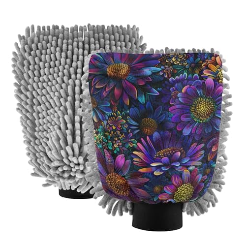 IOACIY Absorbent Microfiber Car Wash Drying Mitts, 2 Pack, Scratch-Free & Lint-Free, Rich Foam, Highly Absorbent, Double Sided, Wash Mitt Perfect for Car Washing, M, Flower (18)