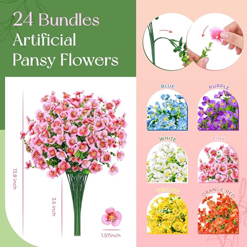 Der Rose 24 Bundles Artificial Pansy Flowers for Outdoors, UV Resistant 6 Assorted Colors Fake Pansies Spring Flowers for Planters Window Boxes Flower Beds Bulk Outdoor Garden Deco image 8