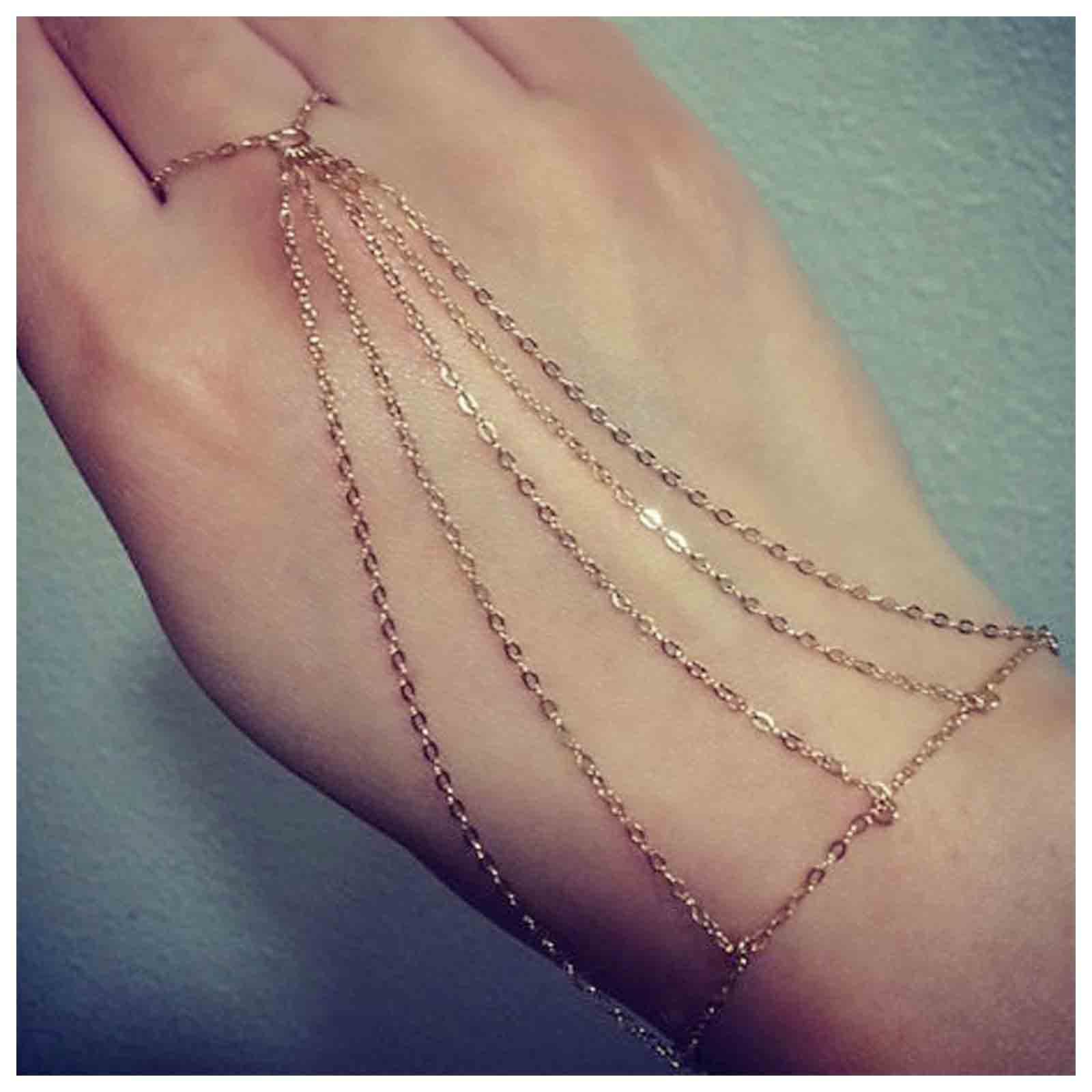YheakneBoho Finger Bracelet Gold Layered Tassel Chain Bracelet Ring Wrist Bracelet Vintage Hand Harness Chain Bracelet Jewelry for Women and Girls