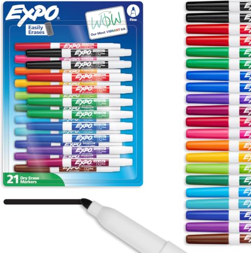 Image of EXPO Dry Erase Markers, Low Odor Ink, Assorted Colors, Fine Tip, 21 Count - Whiteboard, Essential Supplies for Office, School, Classroom, Teachers (Pack of 12)