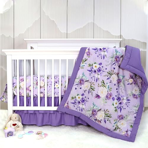 Image of Crib Bedding Set for Girls, Purple Baby Crib Bedding Set 4 Piece, Baby Girl Nursery Bedding Set Including Comforter, Fitted Crib Sheet, Crib Skirt, Diaper Stacker, Floral