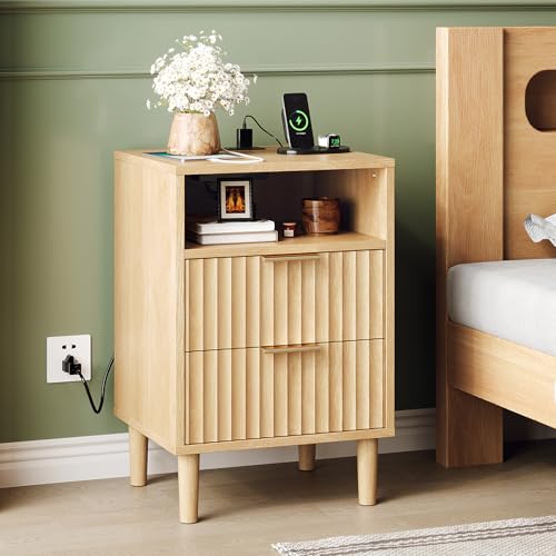 Image of VINGLI Fluted Nightstand with Charging Station, Wood Nightstand with 2 Drawers Night Stand for Bedroom, Fluted Bedside Table /End Table /Side Table with Pine Wood Legs, Oak, 15.75 inch W*15.55 inch D*23.62 inch H