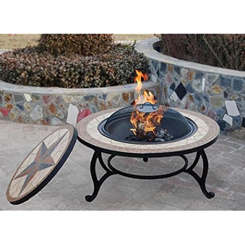 3 IN 1 GARDEN BBQ FIRE PIT For Wood, Fire and Cooking Charcoal Barbeque Grill Kit, Large Round Mosaic Ceramic Table Top, Outdoor Space Heater, Metal Basket FIREPIT Bowl for Patio Heating with Rain Cover Cover