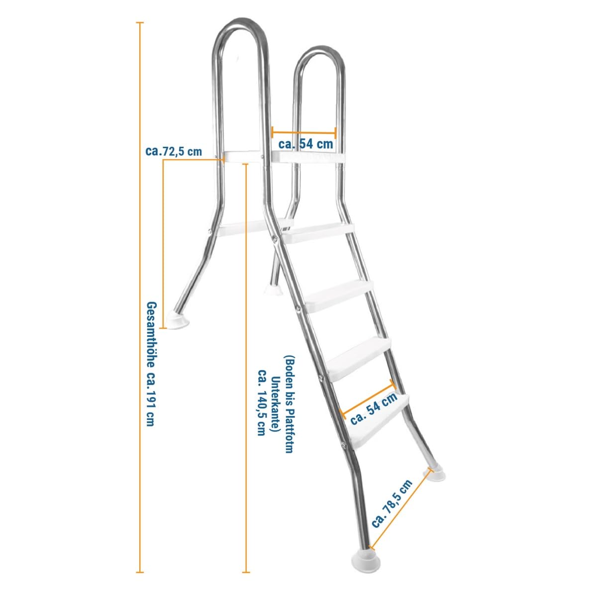 Poolleiter für teilversenkte & teileingelassene Becken mit Plattform, V2A Edelstahl, 4+1 Anti-Rutsch-Stufen, bis 125 cm Beckentiefe, Halbhochbecken