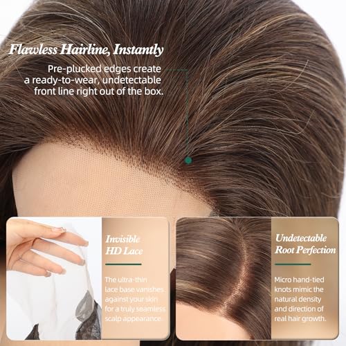 Image of Brown with Blonde Highlights Wig Human Hair Pre Plucked Straight Short Bob Wigs 5x6 UHD Lace Front Wigs Remy Real Human Hair for Women 14Inch