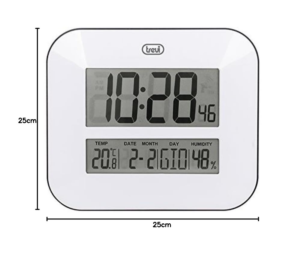 Trevi OM 3520 D Orologio Digitale con Ampio Display LCD, Termometro e Igrometro, Calendario Multilingue, Facile Installazione a Parete/Tavolo, Funzionamento a Batterie AA, Bianco