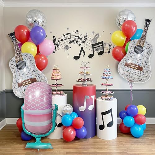 Image of Music Theme Era's Party Balloon Set - 33 Pieces Guitar Disco Ball Microphone and Music Notes Foil Balloons for Music Events Swiftie Party and Birthday Party Decorations - Colorful Latex Balloons