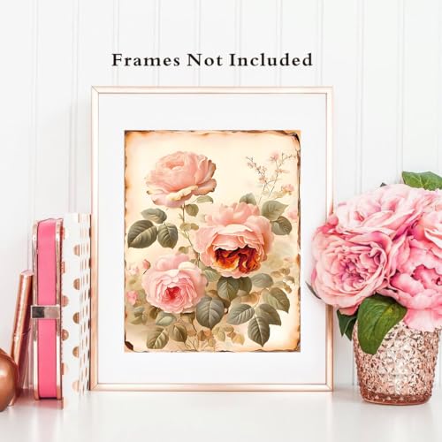 Image of Vintage Flowers Canvas Wall Art Pink Rose Wall Decor,Dark Academia Botanical Wall Art,Retro Floral Valentine Pictures Farmhouses Decor for Home Office Flower Artwork Set of 4 (8''X10''Unframed)