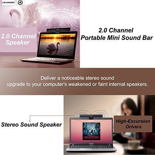 USB Powered Computer Stereo Speaker, Portable Mini Sound Bar for Windows PCs, Desktop Computer, Laptop - Black