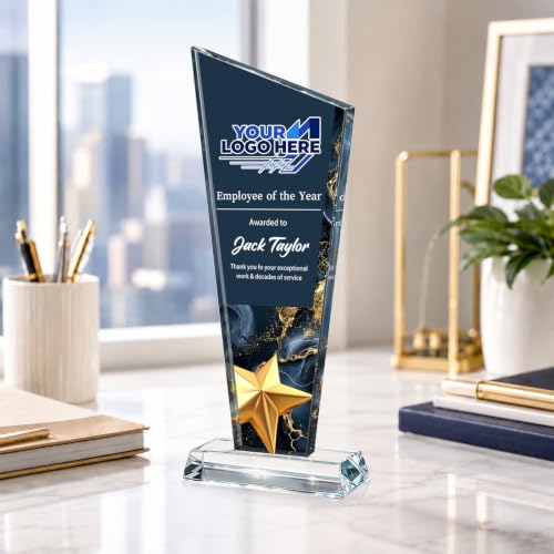 Image of Custom Crystal Trophy Award Personalized Plaque Award with Text Logo Photo Awards Trophies for Employee Recognition Team Graduation Personalized Office Gifts for Boss Coworker Teacher