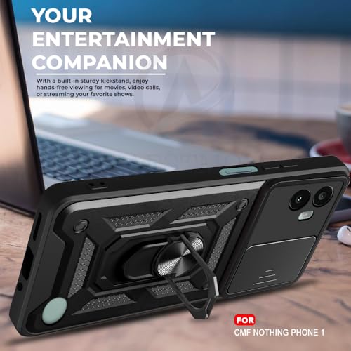 Image of AESTMO Tough Armor Nothing CMF Phone 1 Bumper Back Case Cover | Ring Holder & Sliding Camera Shield Cover | 360 Degree Protection Back Case Cover for Nothing CMF Phone 1 (Black)