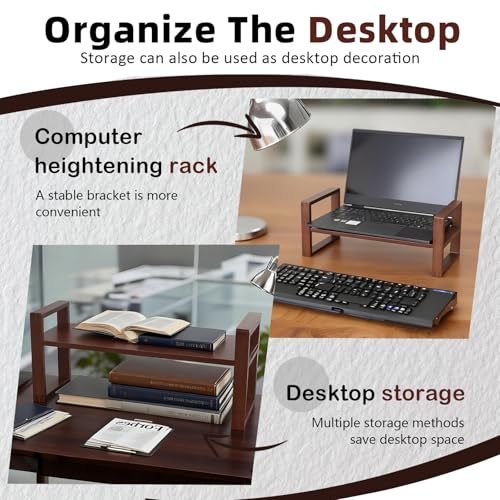 Image of Desk Shelf, 100% Solid Wood Adjustable Desktop Bookshelf, No Tools, Nails or Glue Required for 130lb Load Capacity for Living Room, Office, Books, Cookbooks, Interlocking Joints Walnut Colour