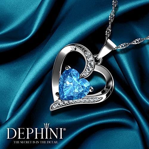 DEPHINI - Heart Necklace - 925 Sterling Silver - Aquamarine Birthstone Embellished with Branded Crystal Pendant - Fine Jewellery Woman Necklace 18" Rhodium Plated Silver Chain - A+ Cubic Zirconia