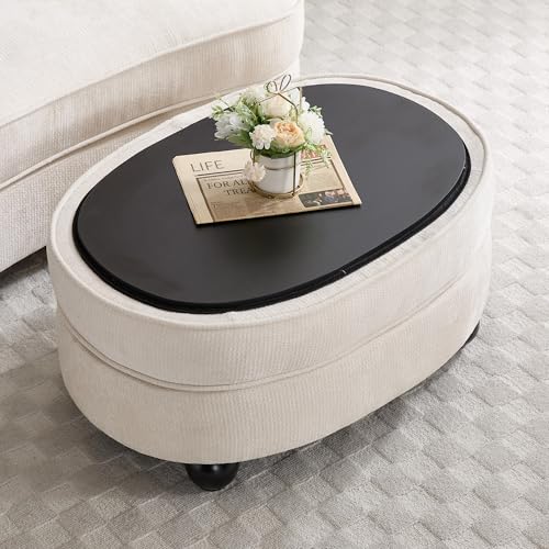LITVZ Oval Ottoman Coffee Table with Storage, Modern Chenille Fabric Small Foot Rest for Chair, 3-in-1 Multi-Functional Storage Ottoman with Tray Lid for Living Room, Bedroom, Dorm Room
