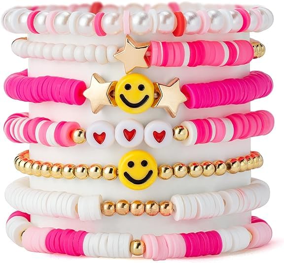 WHISKETPreppy Heishi Bracelets Set Colorful White Gold Smile Heart Star Evil Eye Beaded Polymer Clay Pearl Stackable Charm Summer Beach Bohemian Layering Bracelets
