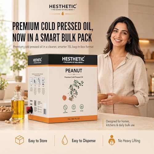 Image of HESTHETIC Cold Pressed Peanut (Groundnut) Oil 15L Bag-in-Box | Pure Moongfali Ka Tel | Joint-Family Cooking Oil, Unrefined, High Smoke Point | Best Per-Litre Value