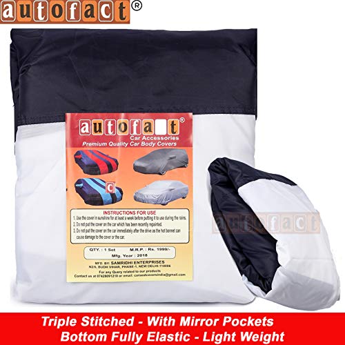 Image of Autofact Car Body Cover Compatible for Ford Figo Aspire (Mirror Pockets, Triple Stitched, Bottom Fully Elastic, White, Blue Color)