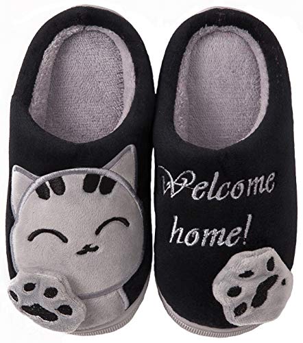 ChayChax Carino Cartone Animato Pantofole da Casa Bambini Uomo Donna Inverno Peluche Ciabatte Interne Confortevole Caldo Scarpe di Cotone Invernale, Nero, 29 30 EU