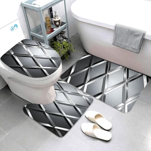 Dwrepo Silver Geometric Figure Print Bathroom Rug Set 3 Piece with Non-Slip U-Shaped Contour Mat and Toilet Lid Cover for Bathroom Decoration