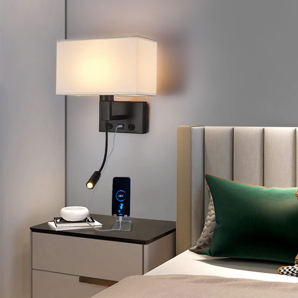 Prostokątna lampa ścienna z czarnej tkaniny z podwójnym przełącznikiem i portem USB, idealna do sypialni, salonu, biura lub hotelu.