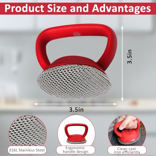 Image of Cast Iron Scrubber with Handle 316L Stainless Steel Chainmail Scrubber for Cast Iron Pan Skillet Cleaner,Skillets and Grills (Blue)