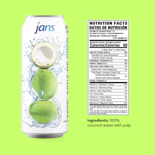 Image of Jans 100% Pure Coconut Water with Pulp (16.57 Fl Oz, Pack of 6) NO Sugar Added | Unsweetened Coconut Water | Not from Concentrate | Non-GMO | Refreshing Taste of the Tropics