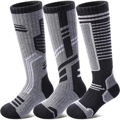 DOSKONI Kids Merino Wool Ski Socks Boys Girls Thermal Winter Warm Thick Cozy Socks for Skiing Snowboarding 3 Pairs, Splicing Black Grey, 4-7 Years