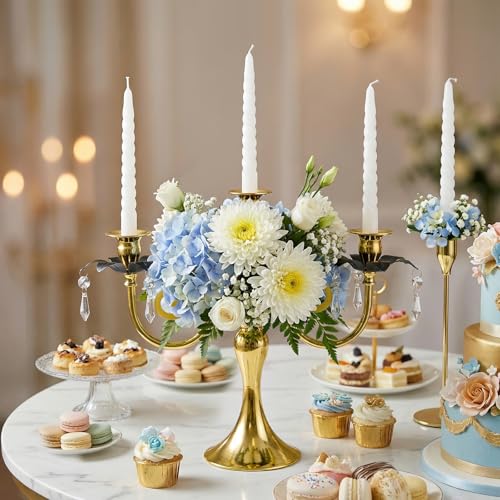 Image of 6 Pcs 3 Arm Black and Gold Candelabra Party Decorations - 11.8 Inch Tall Candle Holders, Elegant Taper Candlestick Stand for Wedding, Dining Table, Christmas Party Home Decoration