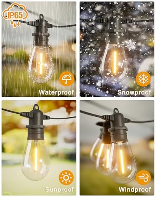 60FT LED Outdoor String Lights with 16+1 Edison Shatterproof IP65 Waterproof Bulbs, 2700K Dimmable Commercial Grade Patio Lights for Garden, Porch, Deck Decor