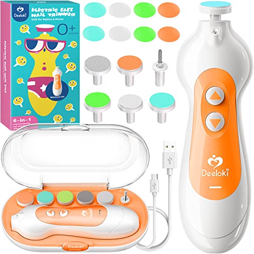 Baby Nail Trimmer Electric Rechargeable Safe 6 In 1, Deeloki Baby Electric Nail File Clipper Kit With Led Light And 18 Replacement Grinding Heads For Newborn Toddler Baby Toes And Fingernails, Orange #TOP3
