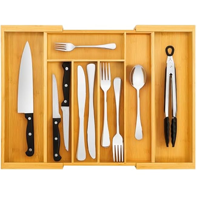 Silverware Drawer Organizer, Expandable Bamboo with Adjustable Utensil Cutlery Holder, Kitchen Flatware Organizer