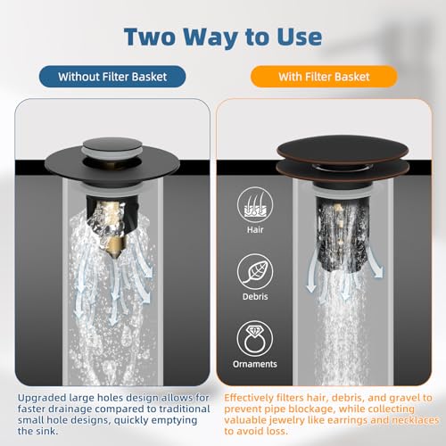 Hibbent 2 Pack 3 in 1 Bathroom Sink Drain Strainer, Pop Up Sink Stopper with Big Push Cap, Anti-Clogging Metal Filter Basket,Sink Plug with Hair Catcher for 1.1''~2.36'' Basin, Oil-Rubbed Bronze - image 3