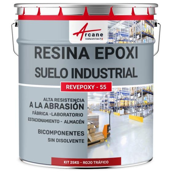 ARCANE INDUSTRIES Pintura epoxi para suelos industriales - REVEPOXY TRÁFICO INTENSO - 25 kg (hasta 50 m² en 2 capas) Rojo señales - RAL 3020