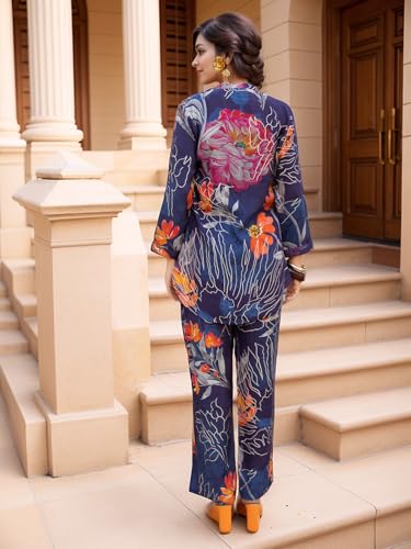 Image of NAINVISH Women's Floral Rayon Blend Co-ord Set | Straight Mandarin Collar Full Sleeve Top & Pant | Elegant Maroon, Blue Styles | Ideal for Casual, Lunch, Evening Outings | Ladies Matching Outfit