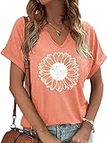 V Neck Shirts for Women Summer Boho Sunflower Blouse Cute Short Sleeve Graphic Tops Teen Girls Tee(SNF-OE01,Medium)
