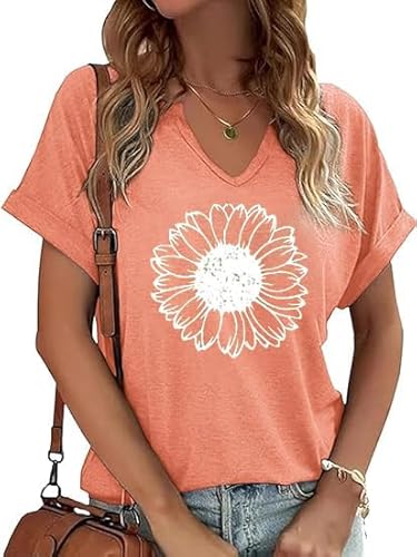 V Neck Shirts for Women Summer Boho Sunflower Blouse Cute Short Sleeve Graphic Tops Teen Girls Tee(SNF-OE01,Medium)