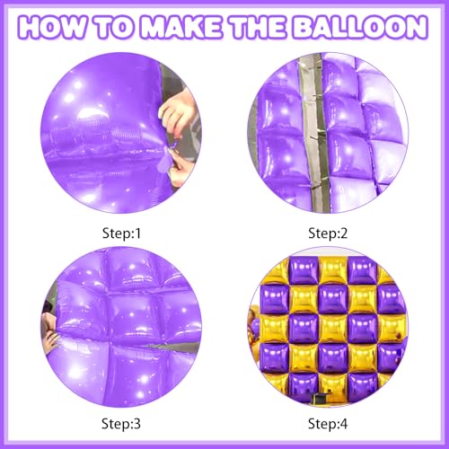 Image of Metallic Purple Gold and Silver Double Sided Square Foil Balloons Wall,19 Inches Chrome Foil Balloons Tunnel Arch Kit for Bachelorette,Anniversary,Graduation,Birthday Party Background Decoration