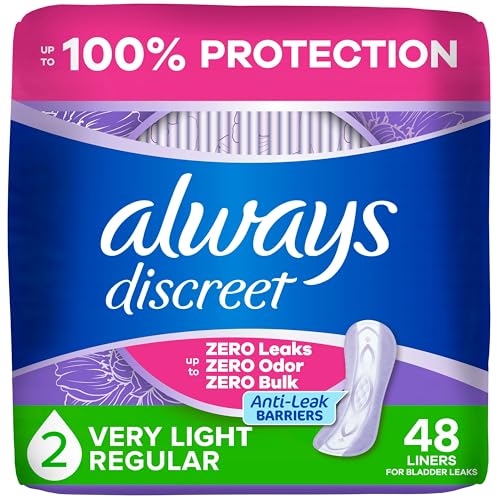 Image of Always Discreet Incontinence Panty Liners for Women with Bladder Leaks, Size 2, Very Light Absorbency, Regular Length, Up to 100% Bladder Leak Protection 48 CT