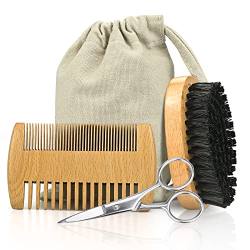 Kit de soins de barbe pour homme, brosse à barbe naturelle et peigne à barbe, ciseaux, papa, mari,...