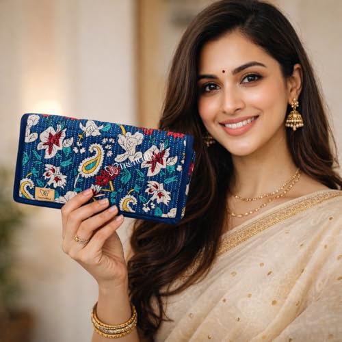 Image of Trendifly Embroidery Sling Jewellery Organiser Storage Bag Pouch for women & girls | Bank Locker jewelry Organizer | Earring Necklace Bangles Organiser for Travel & Gifting (Jaipuri Blue)