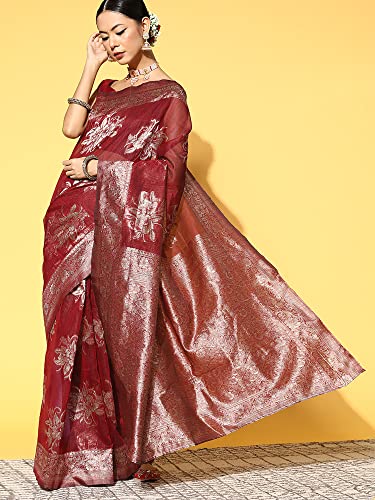 Image of AKHILAM Women's Floral Linen Zari Saree With Unstitched Blouse Piece (FF0LNJCQ09 Parent)