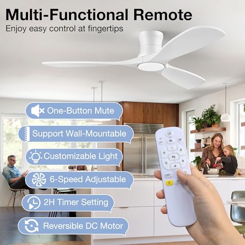 Image of 52 Inch Wood Low Profile Ceiling Fans with Lights Remote,Flush Mount,White