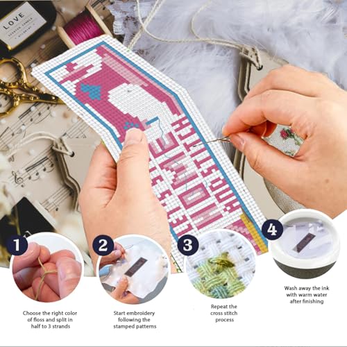 Image of INFUNLY 6PCS DIY Sewing Cross Stitch Bookmark Kits 8.66 inchx3.15 inch Sewing Tools Stamped Embroidery Bookmark Kits with Instruction Cotton Thread Needlepoint Bookmark Kit for Book Lovers Writers Gift