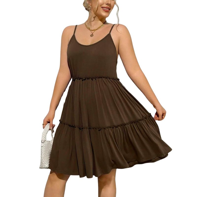 Women U Neck Sleeveless Dress Summer Waist Fit Pullover Mid Length Backless Midi Skirt | Brown - XL