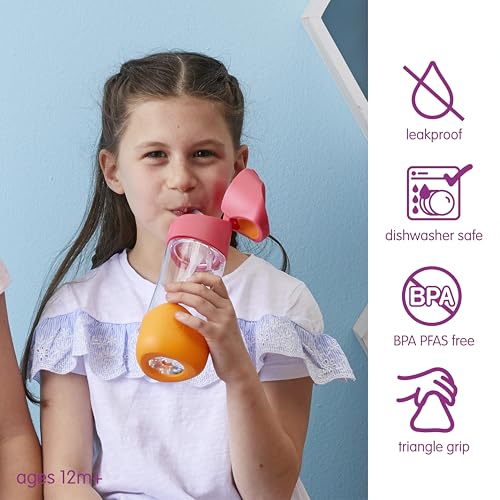Image of b.box Tritan Straw Kids Water Bottle 450ml | School Bottle for Kids, BPA Free Straw Bottle | Leak Proof Bottle for Travel | Easy Grip Triangular Design & Handle | Pink Orange