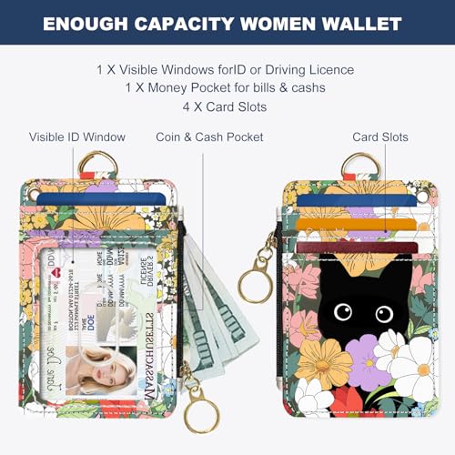 Image of Slim Wallet Credit Card Holder, Flower Bushes And Cats, RFID Wallet Women Cute Small Front Pocket Wallet With Zipper, PU Leather Thin travel RFID Blocking Card Case ID Window ,Ladies Gifts