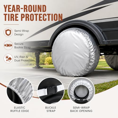 Image of Tire Covers 4 Pack, 30-32 Inch Waterproof Tire Covers for RV Camper Trailer | Protect RV tires from sun damage, cracking, dust, and weather during storage with durable covers featuring secure straps