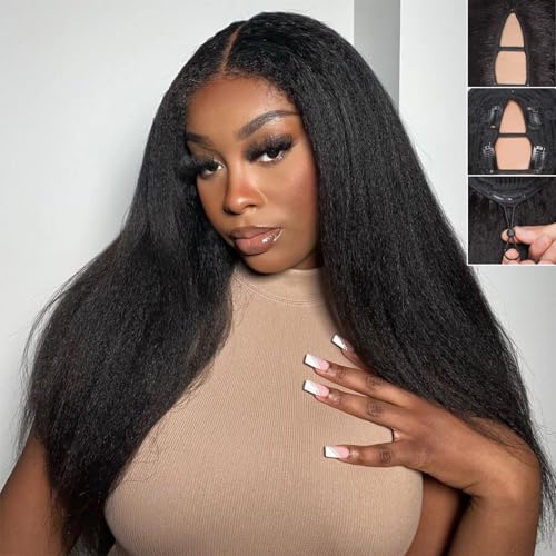 20Inch 250 Density Kinky Straight V Part Wig Human Hair Upgraded Drawstring U Part Human Hair Wig Unprocessed Glueless No Sew In Clip In Half Wig No Leave Out Invisible Human Hair Wig for Black Women